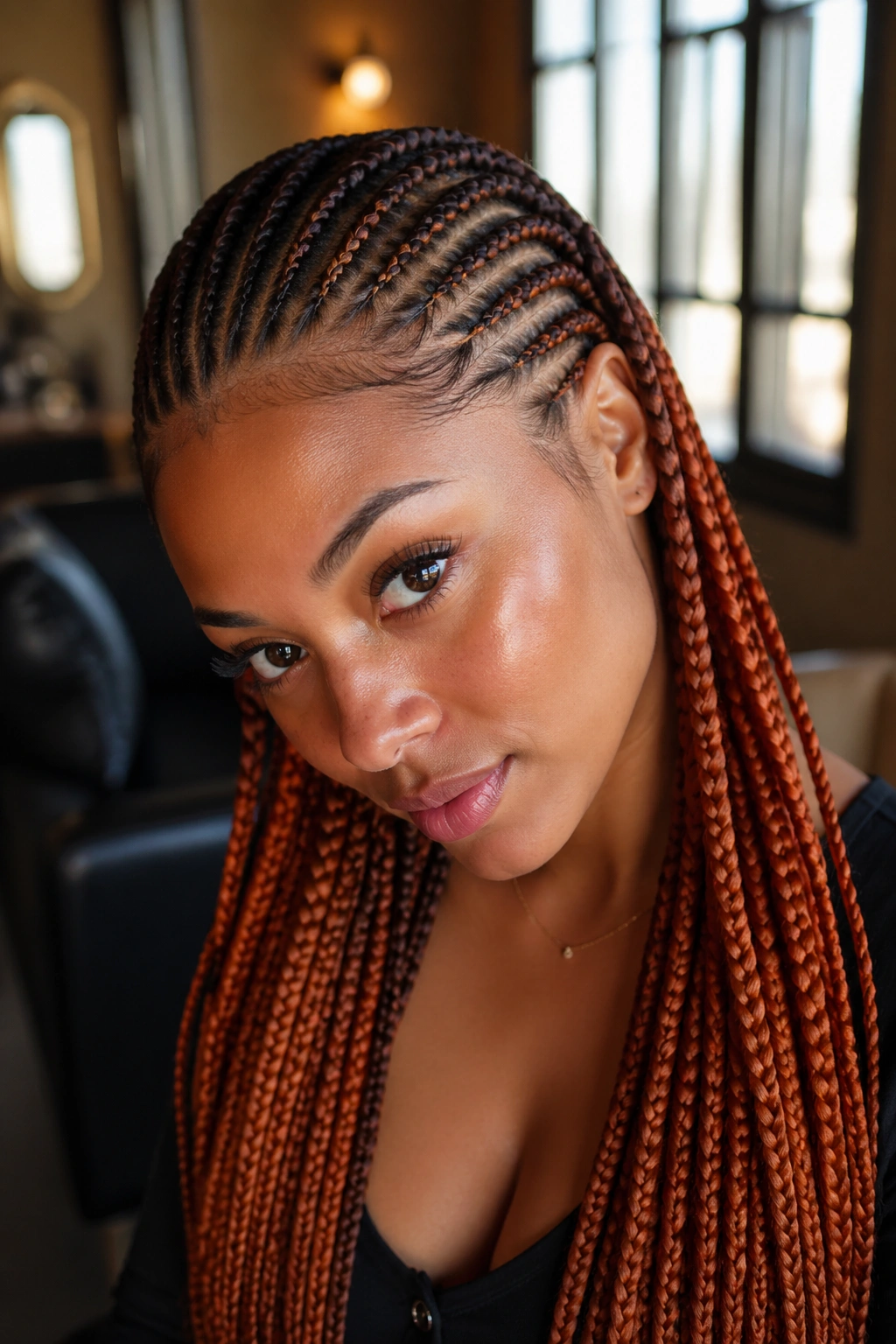 Close-up of dark brown to copper cornrows on a real person in warm indoor light