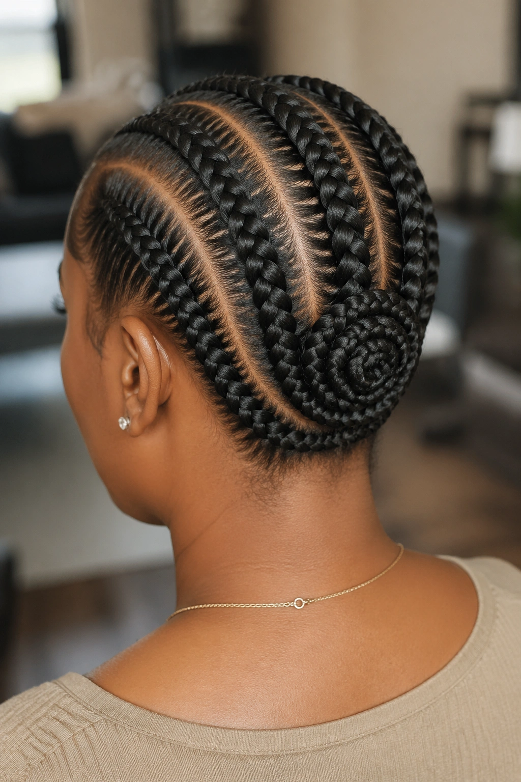 Back crown hairstyle with six cornrows forming a circular crown