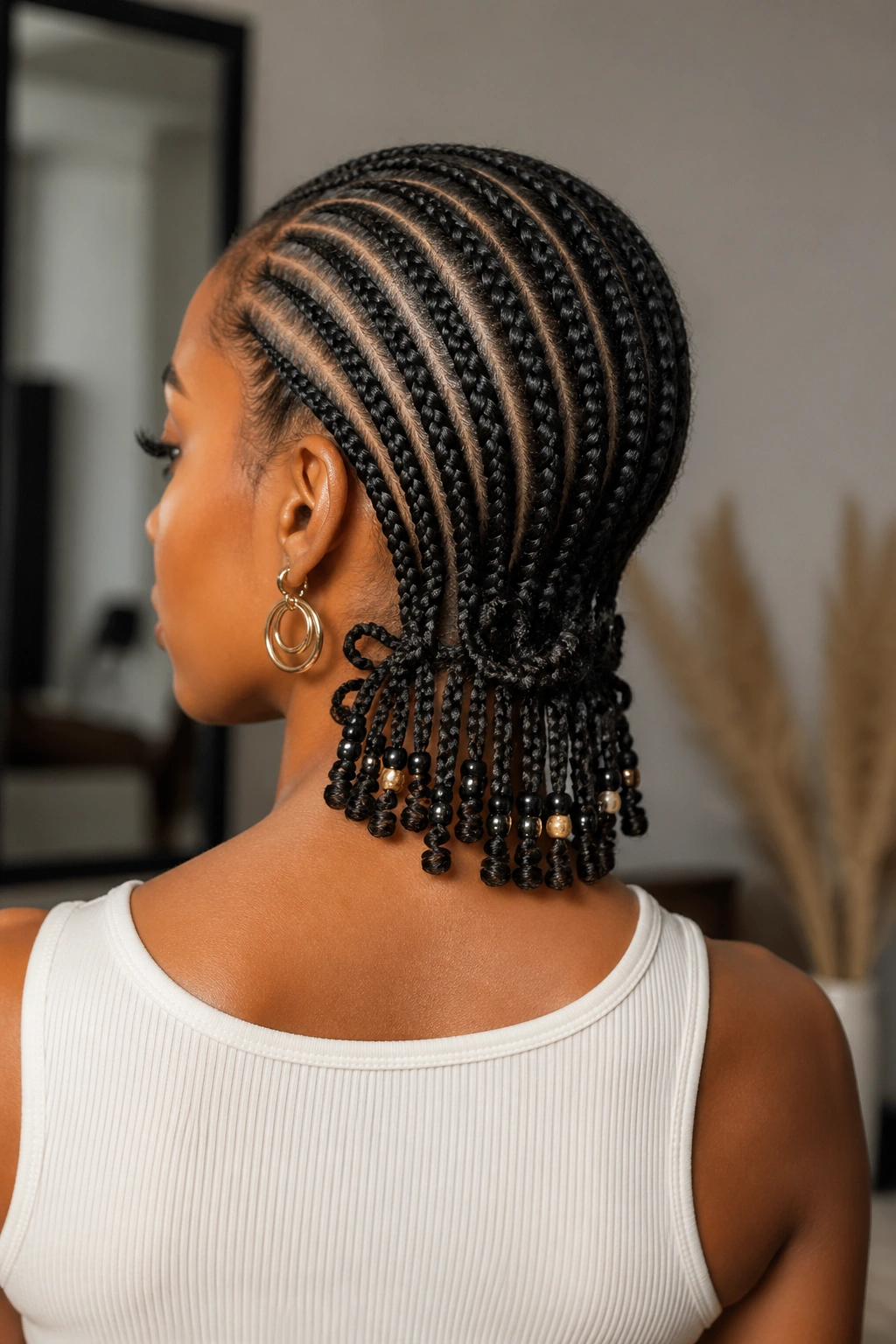 Three-quarter view of a real person with cornrow crown and back detailing beads.