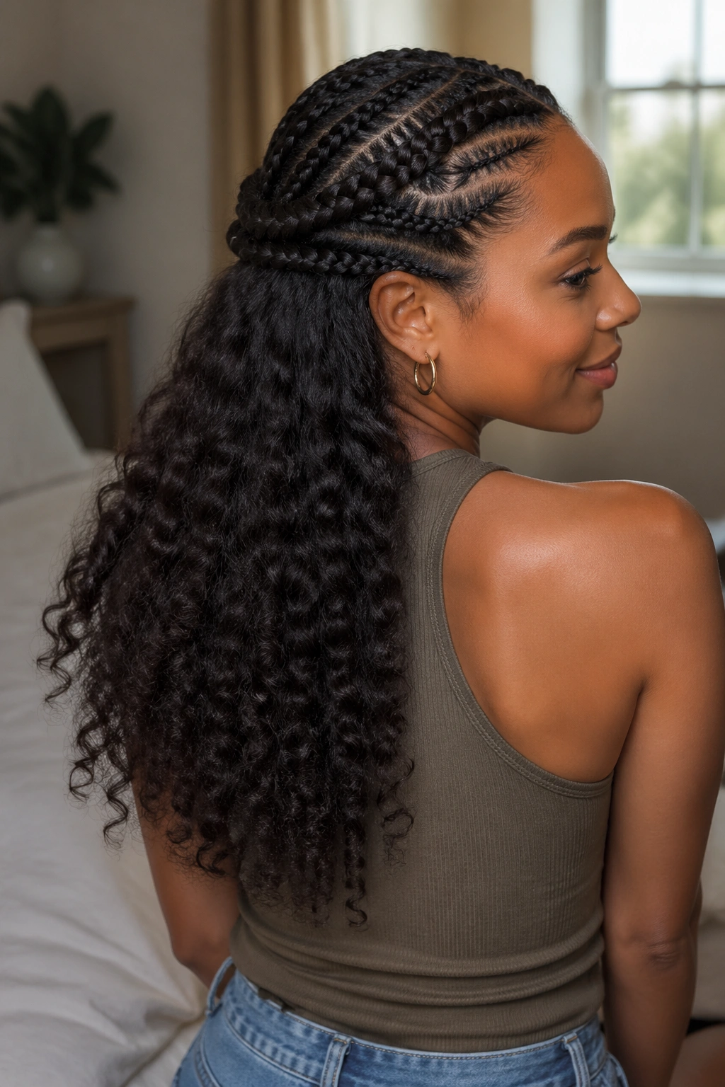 Three-quarter rear portrait showing a crown of cornrows and loose curly back