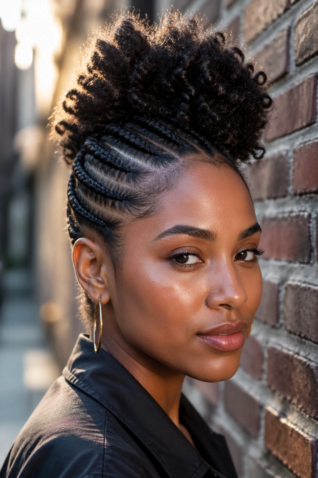 Portrait of a woman with cornrows at the sides and a crown release puff