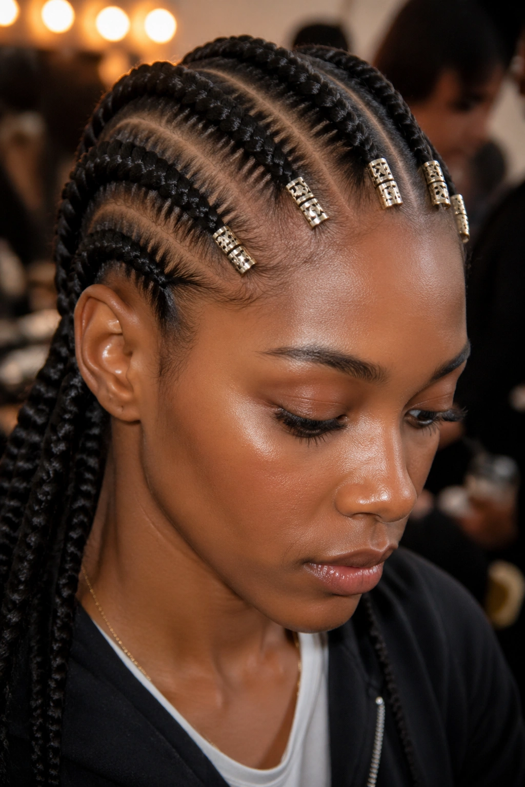 Close-up of cornrows with metal cuffs at the front hairline on a real person.