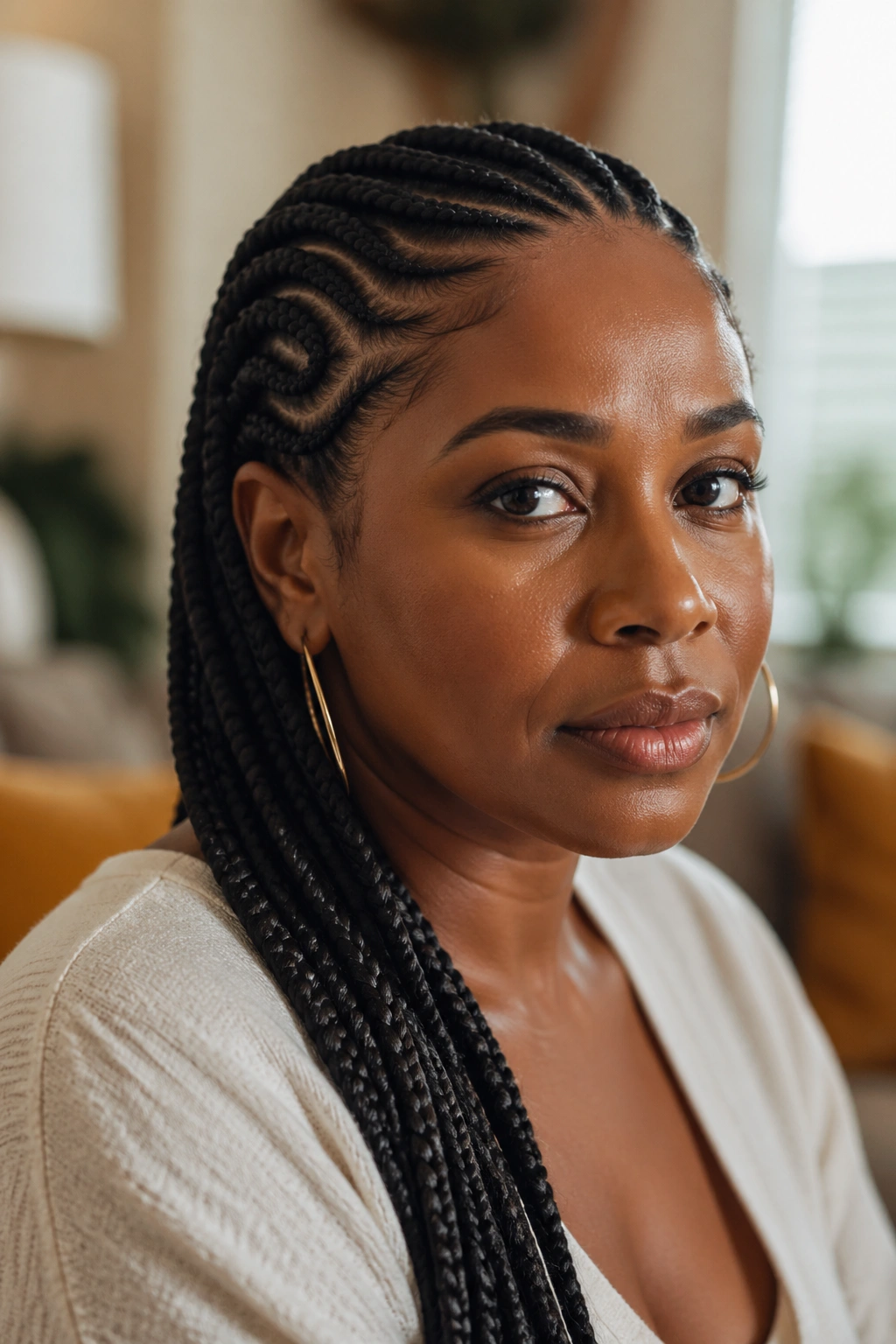 Close-up portrait of a Black woman with cornrows, highlighting cultural roots