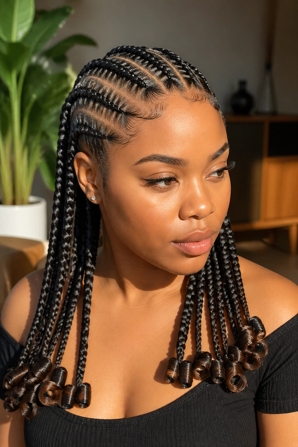 Portrait of a real woman with ten cornrows ending in curls