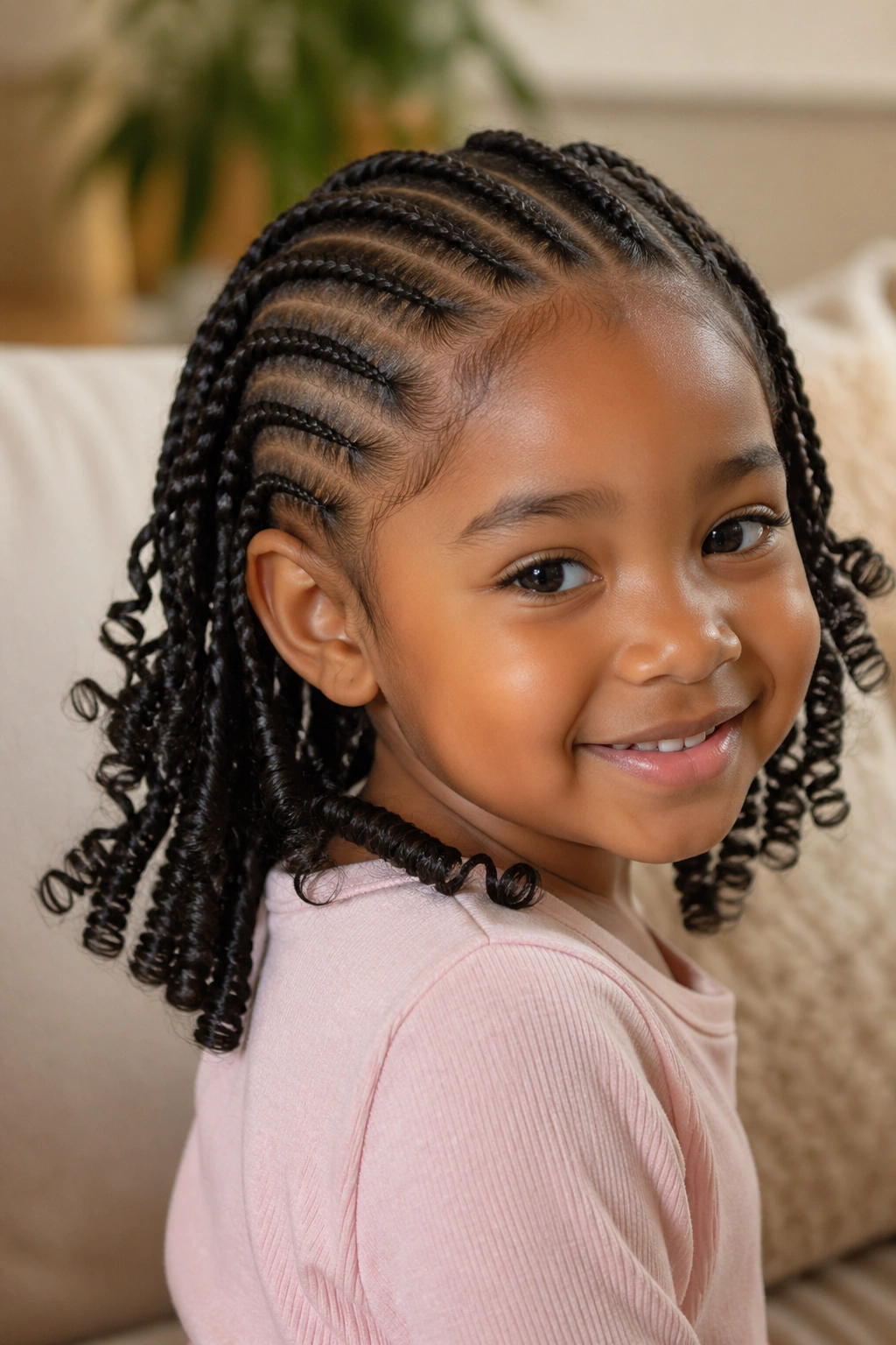 Close-up of cornrows with curly ends on a child.