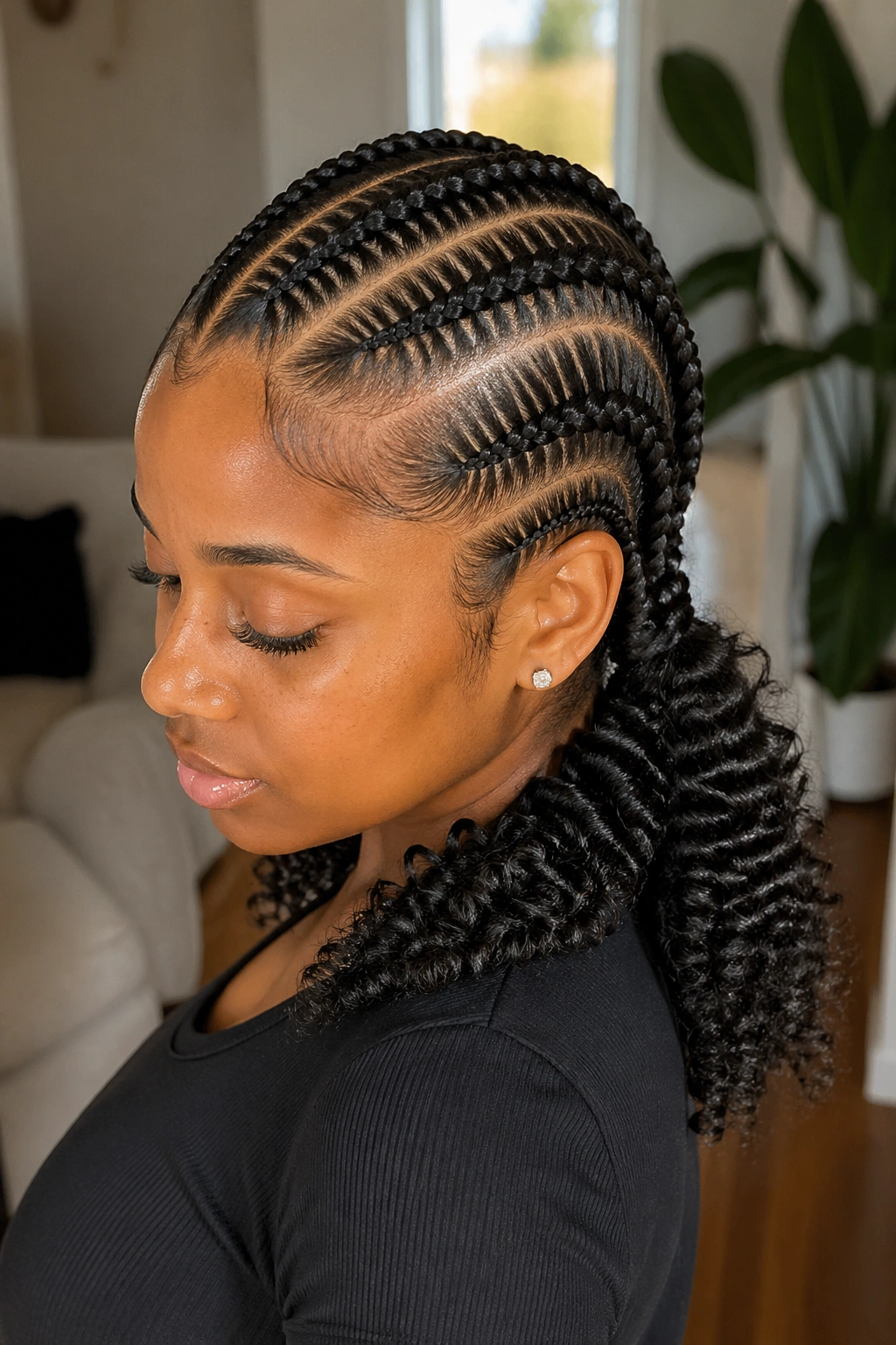 Close-up of cornrows ending in curly soft kanekalon at the nape.
