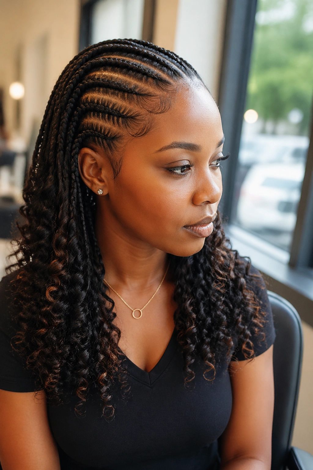Close-up of a real Black woman with cornrows and curly ends left out in natural salon light