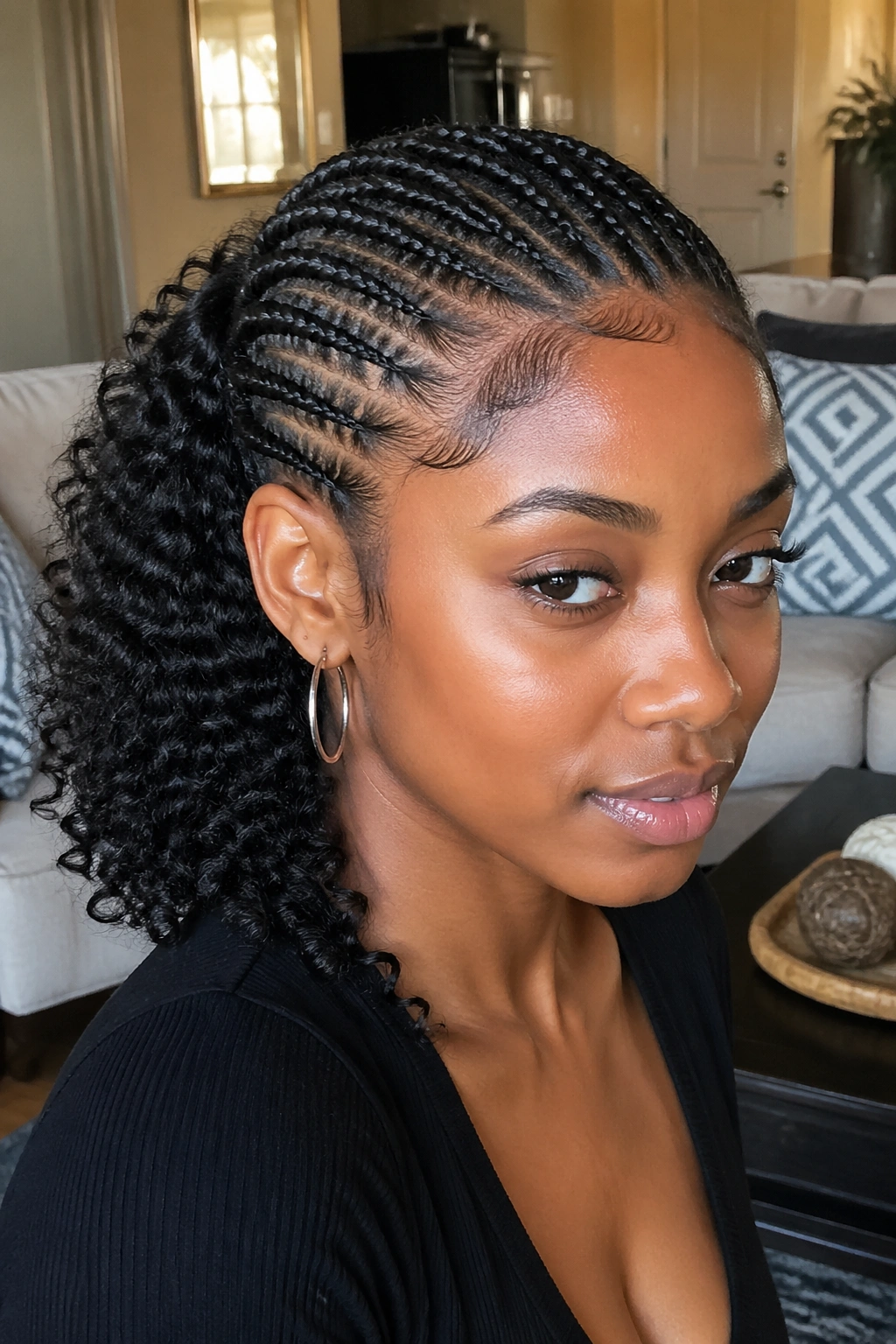 Close-up of cornrows ending in curly tail-out on a real person.