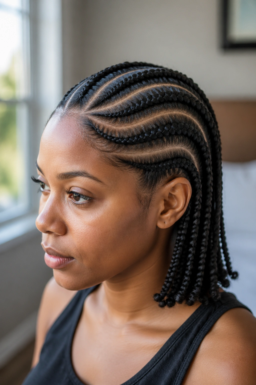 Close-up portrait of a real person with eight curved cornrows across the scalp.