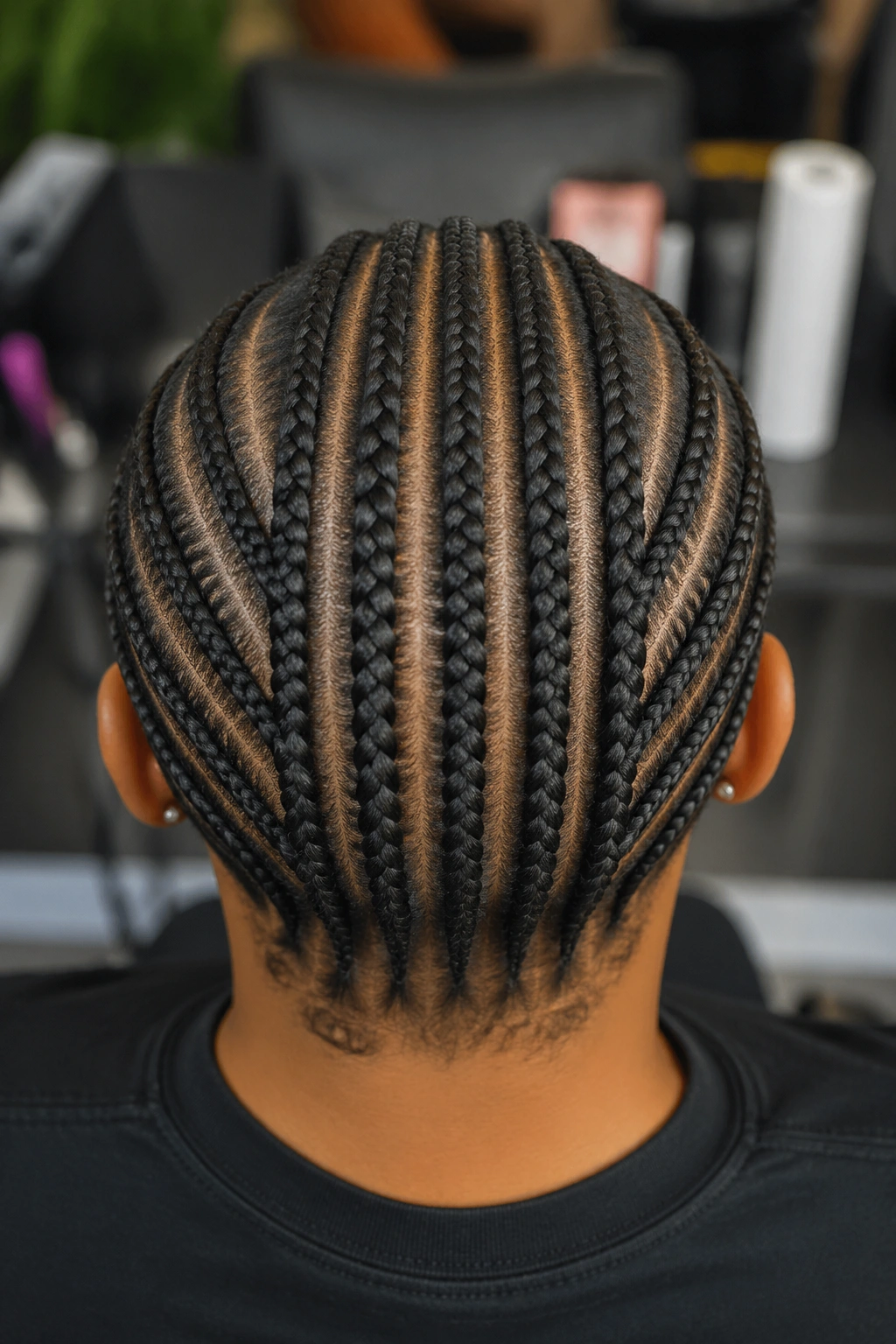 Top-back view of real person with straight center and curved side cornrows