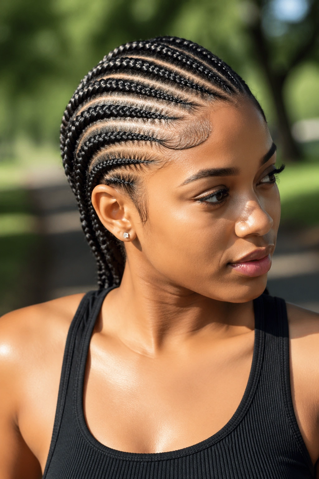 Portrait of a real person with ten curved cornrows sweeping to one side