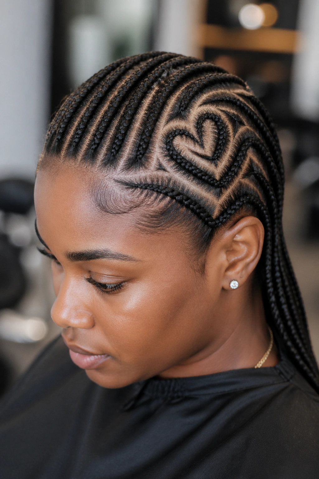 Close-up of real woman with cornrows featuring a scalp design