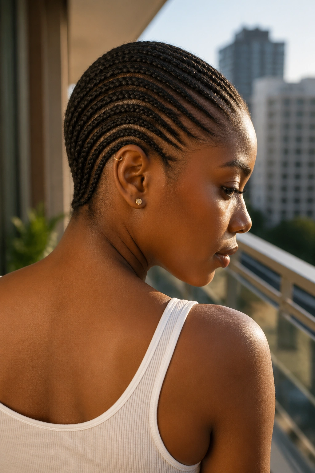 Close-up of diagonal-back cornrows on a real woman