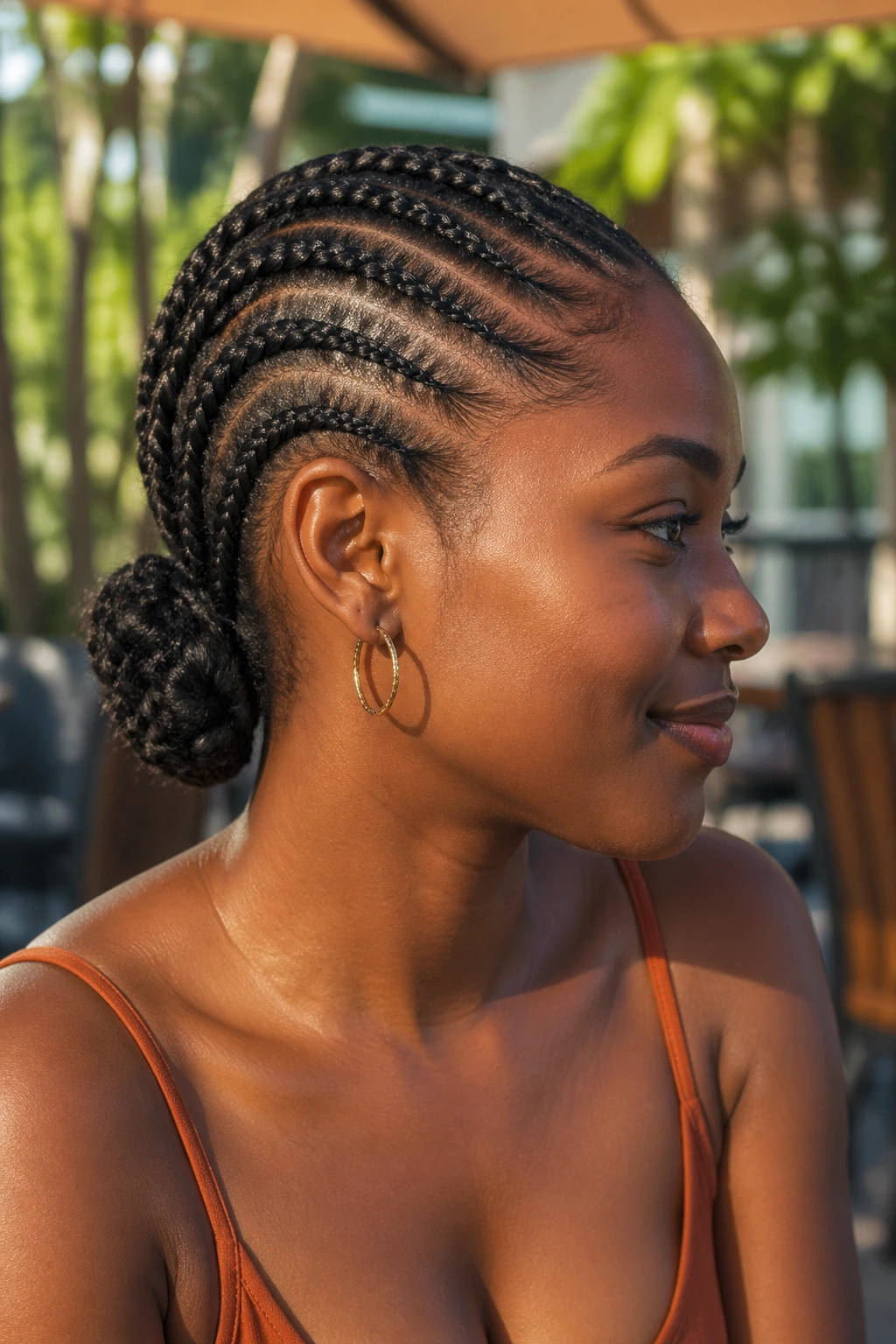 Close-up of diagonal cornrows ending in a loose nape nest on a real person outdoors
