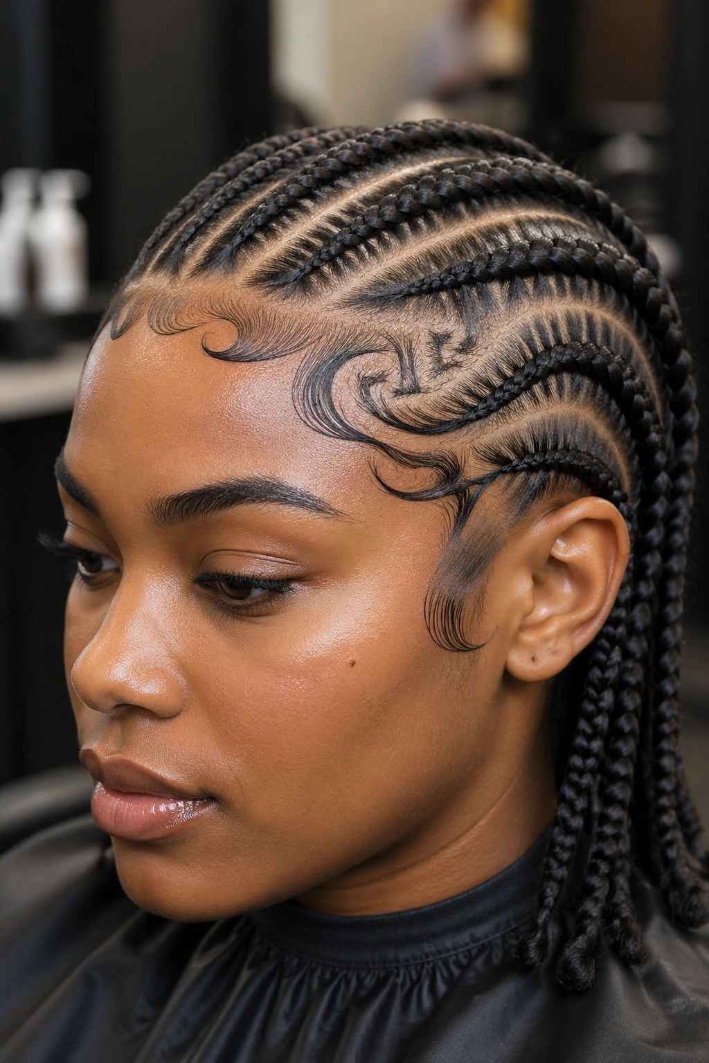 Close-up of cornrows with geometric edge designs along the hairline on a real person