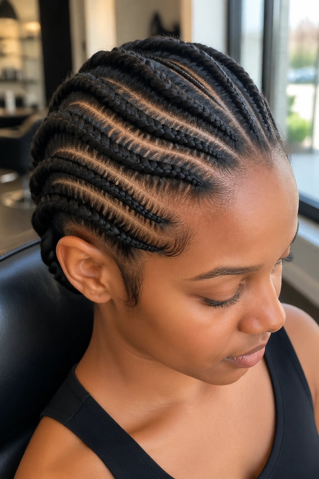 Close-up of cornrows with flat twist detail on a real person's scalp