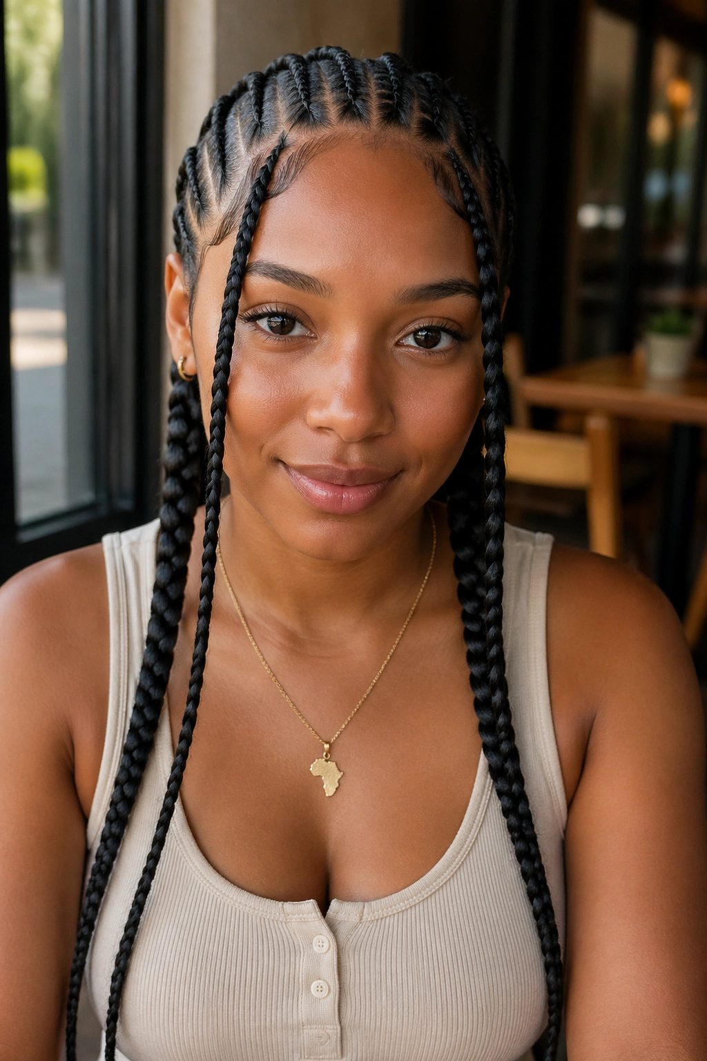 Two forward cornrows framing the chest on a real person