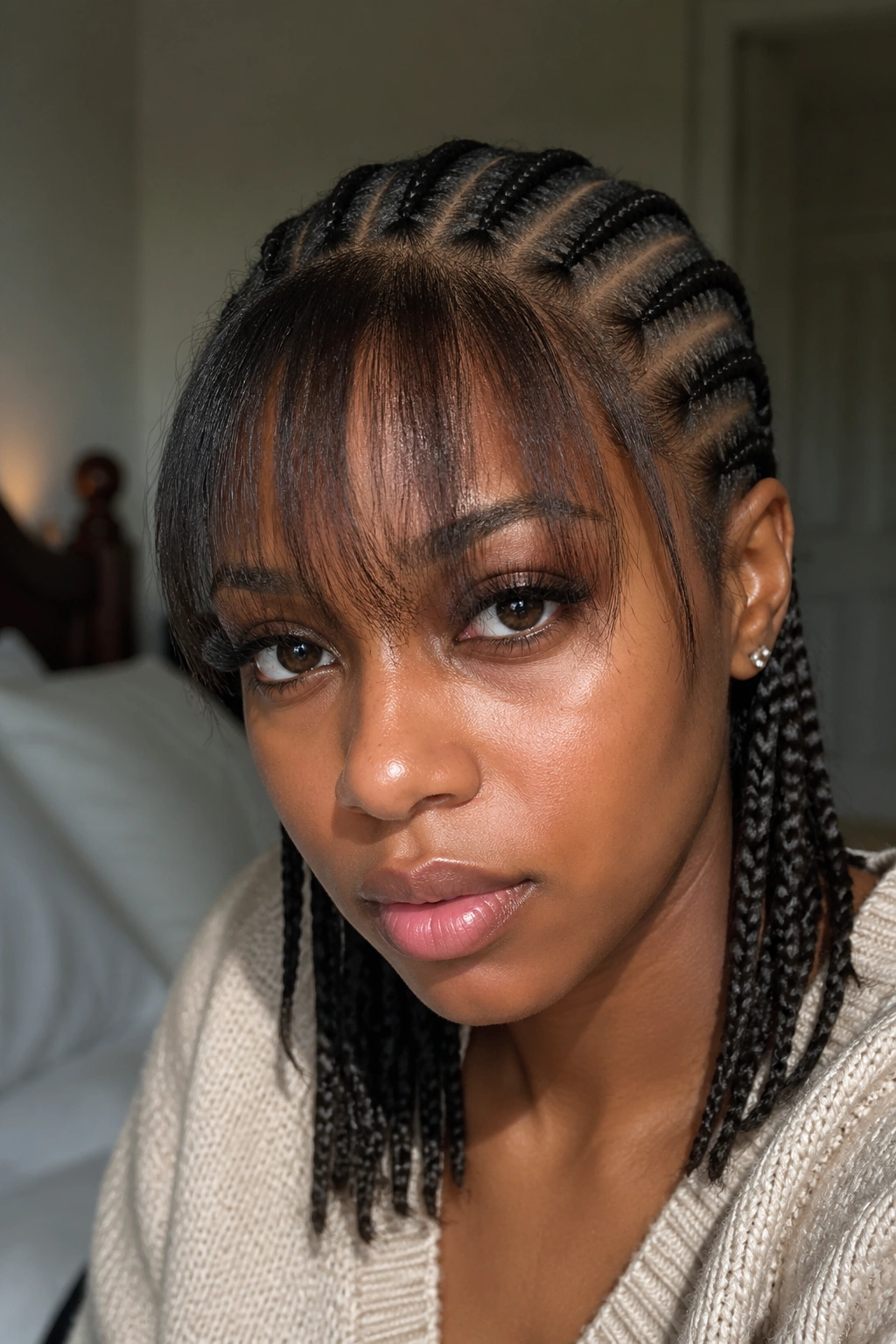 Close-up of cornrows with front bangs left out on a real woman in natural window light