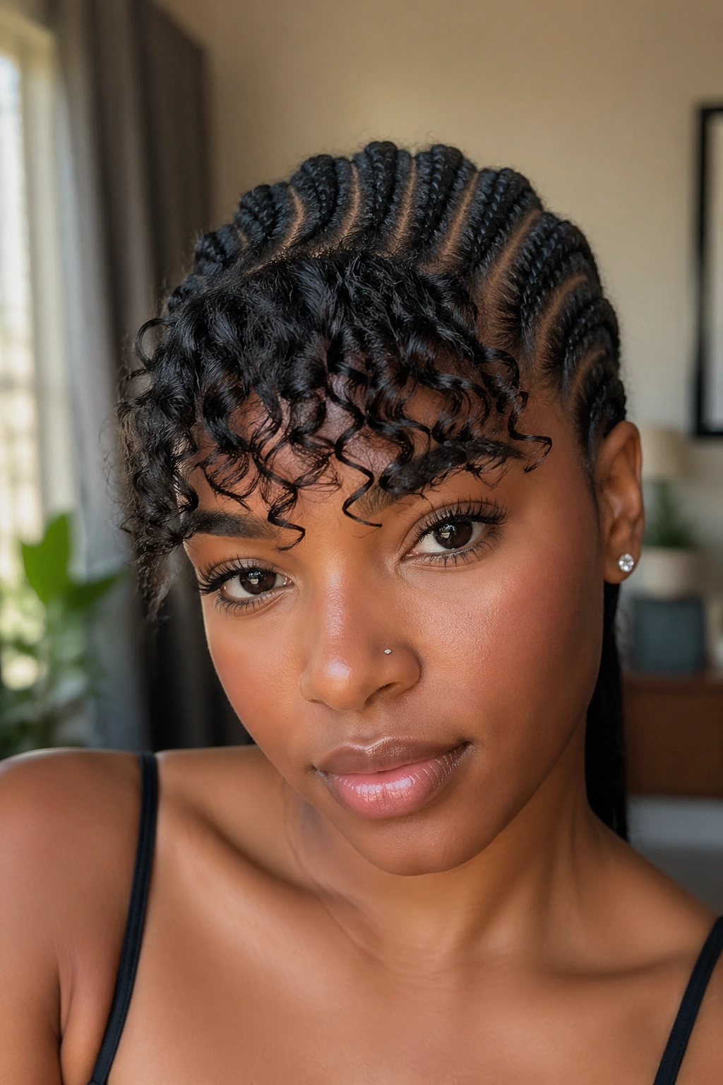 Close-up of a real person with front curl bangs and cornrows