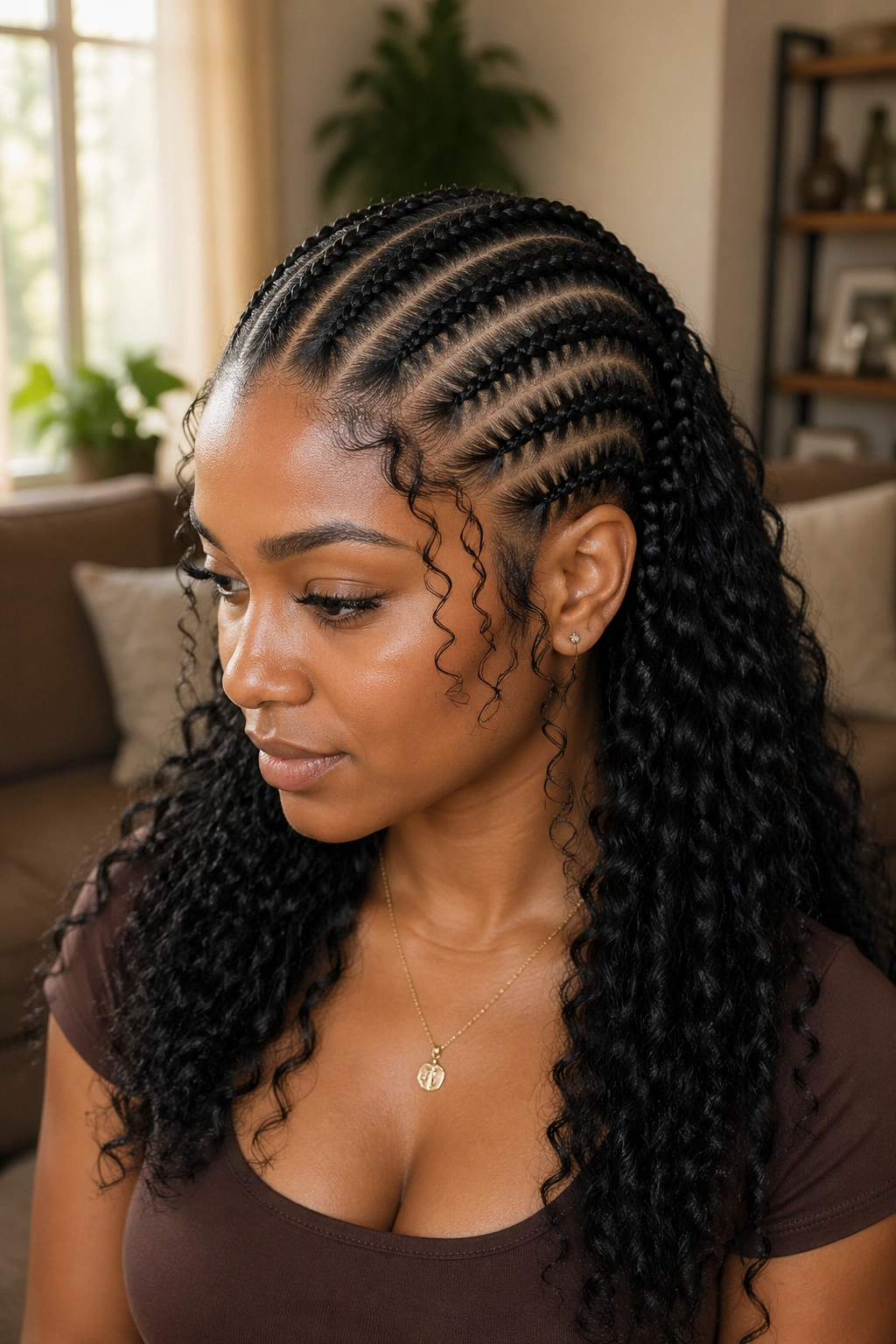 Close-up of goddess-style straight back cornrows with loose curls on a real woman's head