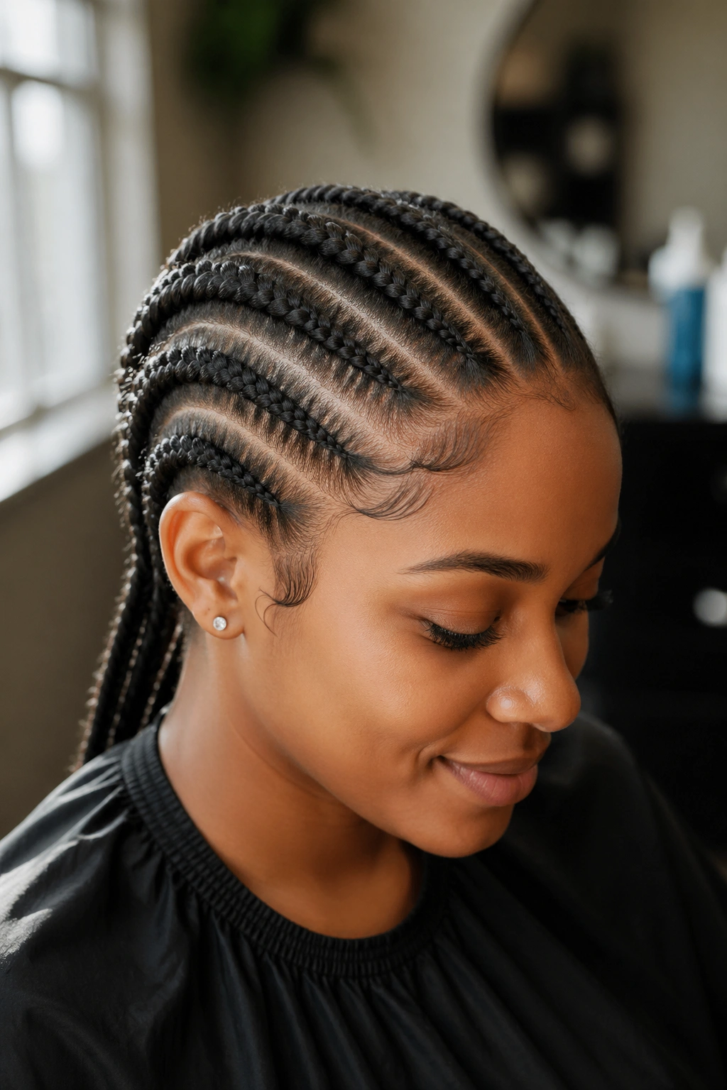Close-up of five evenly spaced cornrows on medium-density natural hair