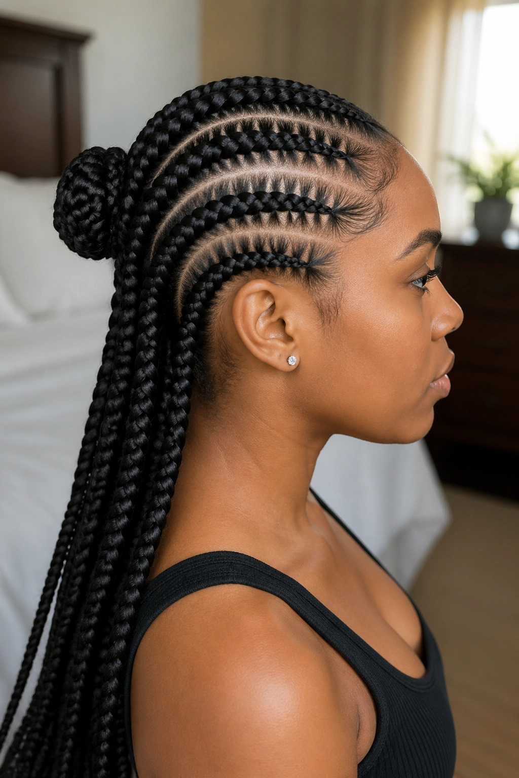 Side profile of cornrows forming a low half bun
