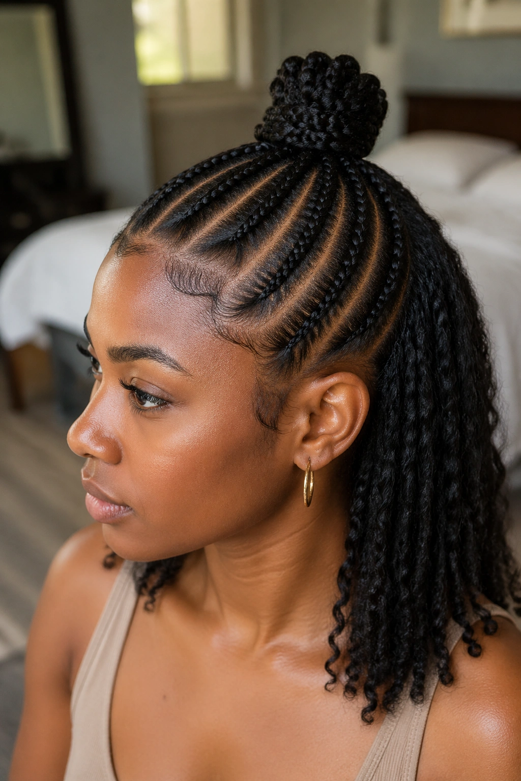 Close-up of cornrows into a half-up bun on a real woman