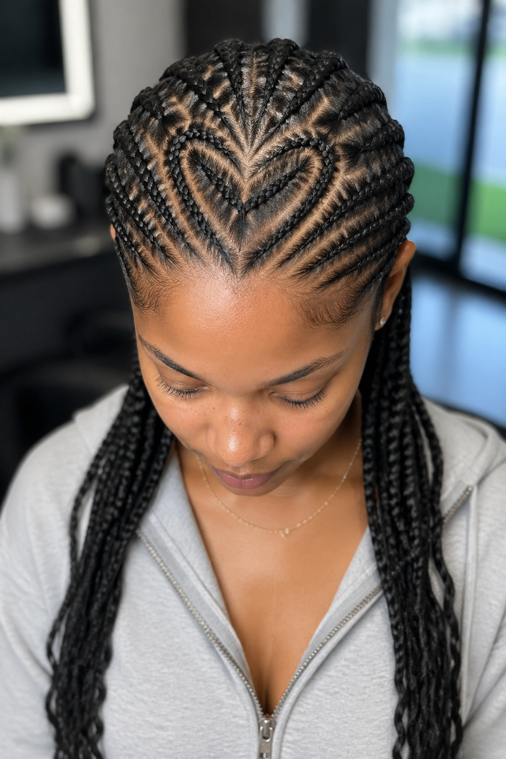 Close-up of a real person's head featuring a heart-shaped cornrow crown