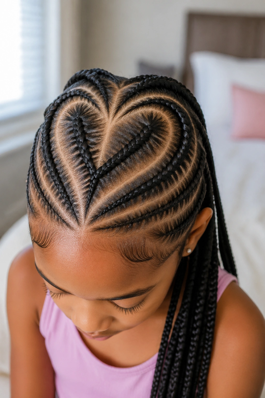 Close-up of a child's head with heart-shaped cornrow pattern.