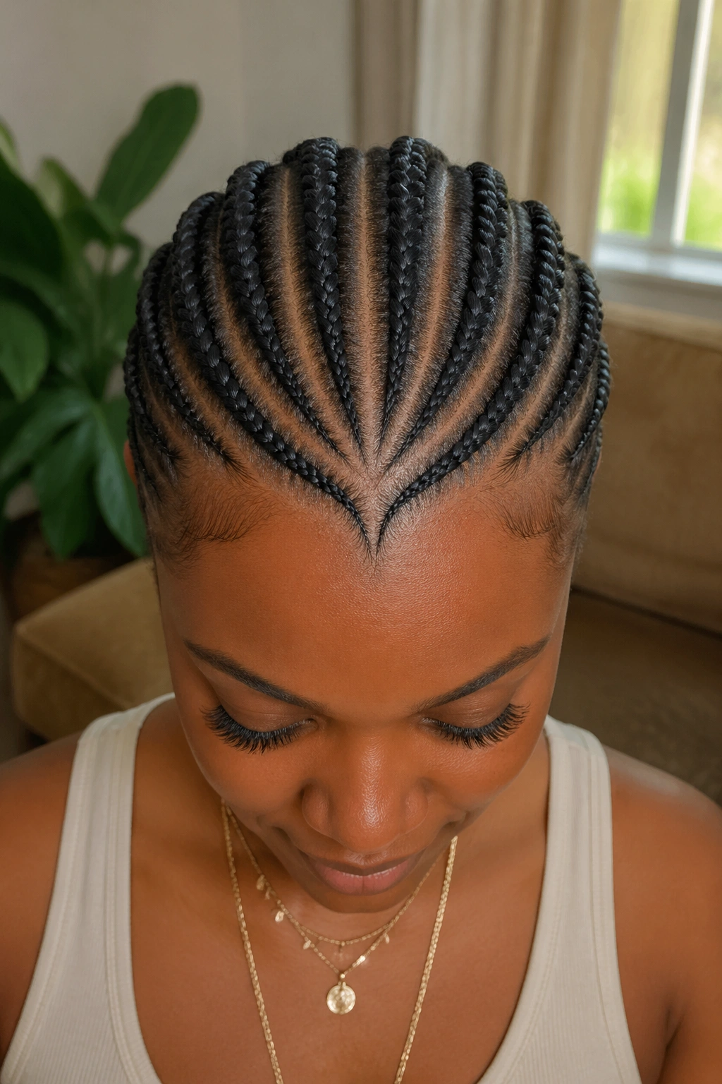 Close-up of a real person with heart-shaped cornrow design at the front