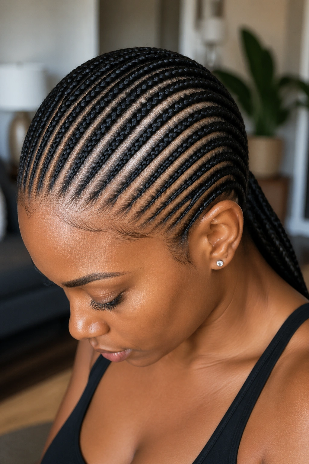 Close-up of surface cornrows with hidden crown braids beneath