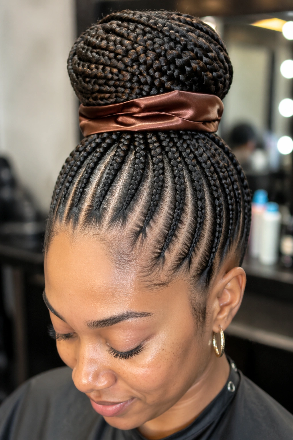 Close-up of real person with twelve cornrows gathered into a high bun at the crown