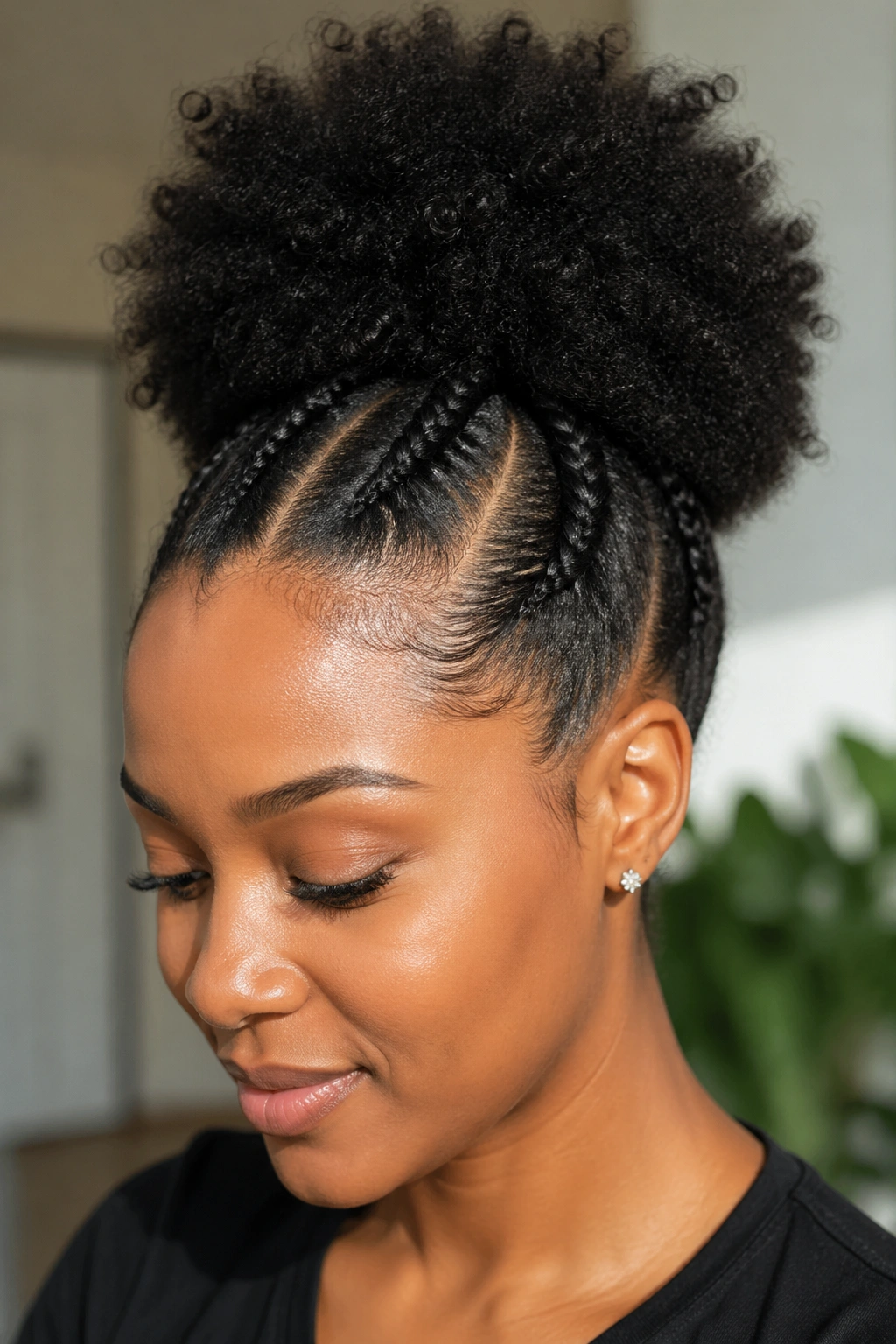 Real woman's head with two cornrows and a high puff