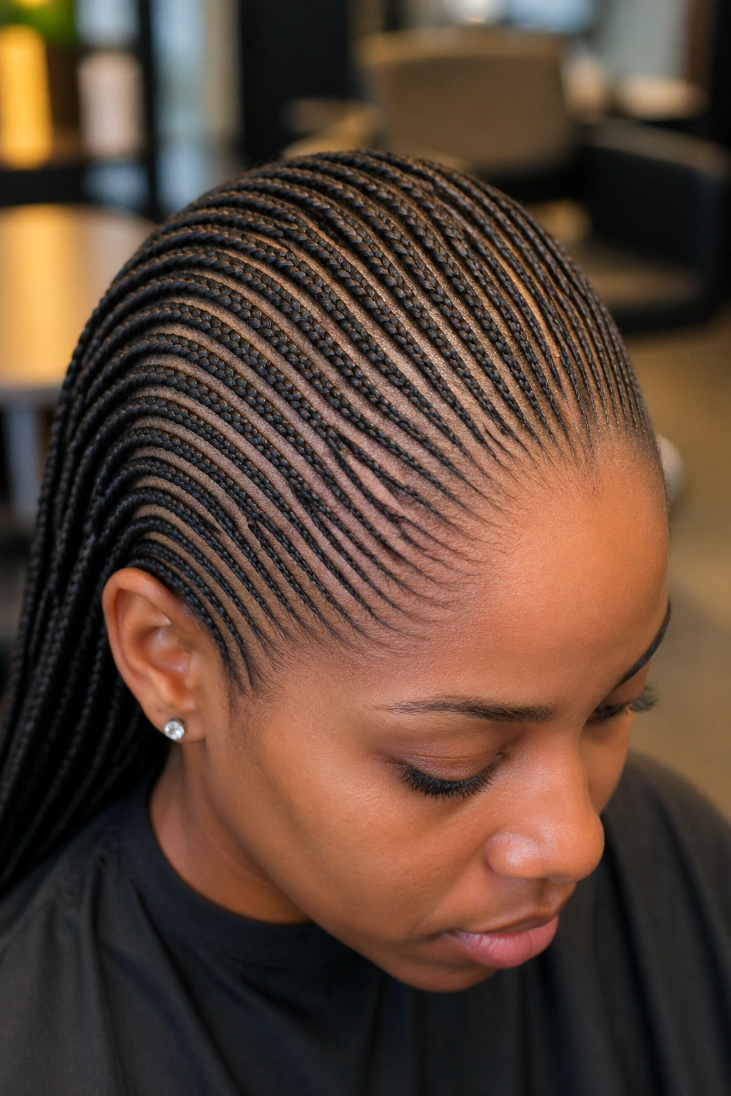 Close-up of a real person's head with many tiny cornrows to illustrate the long install time