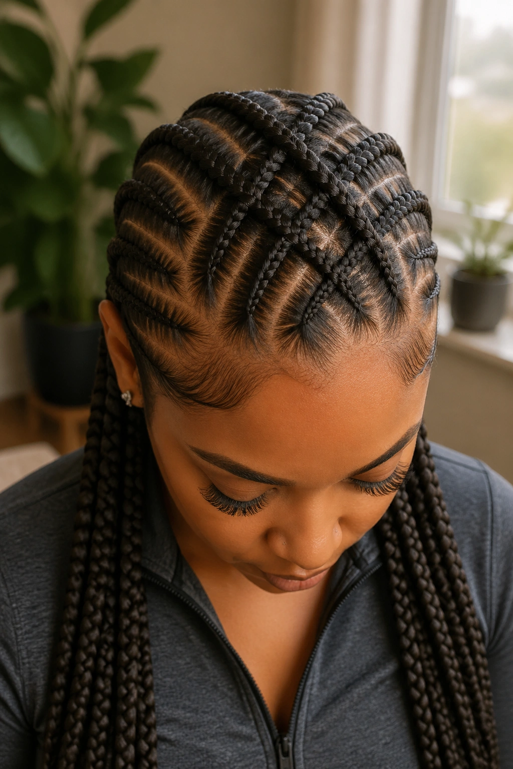 Close-up of a real person with interwoven front-to-back twelve rows