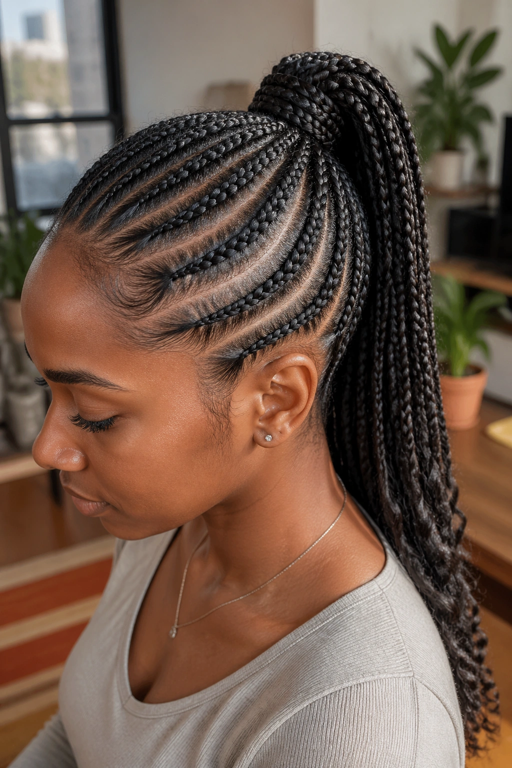 Real person with cornrows leading into a ponytail