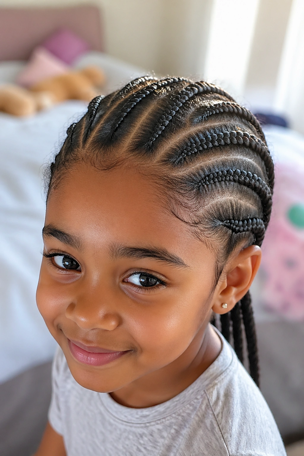 Close-up of a child’s head with cornrows in a cozy bedroom setting.