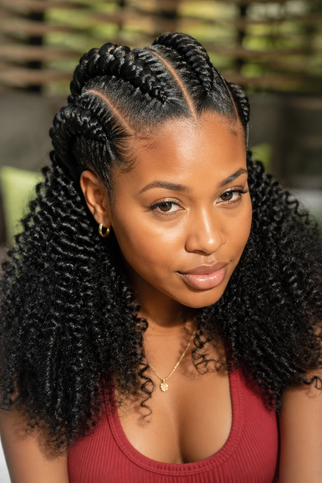Close-up of three chunky cornrows transitioning to kinky curly texture on a real woman
