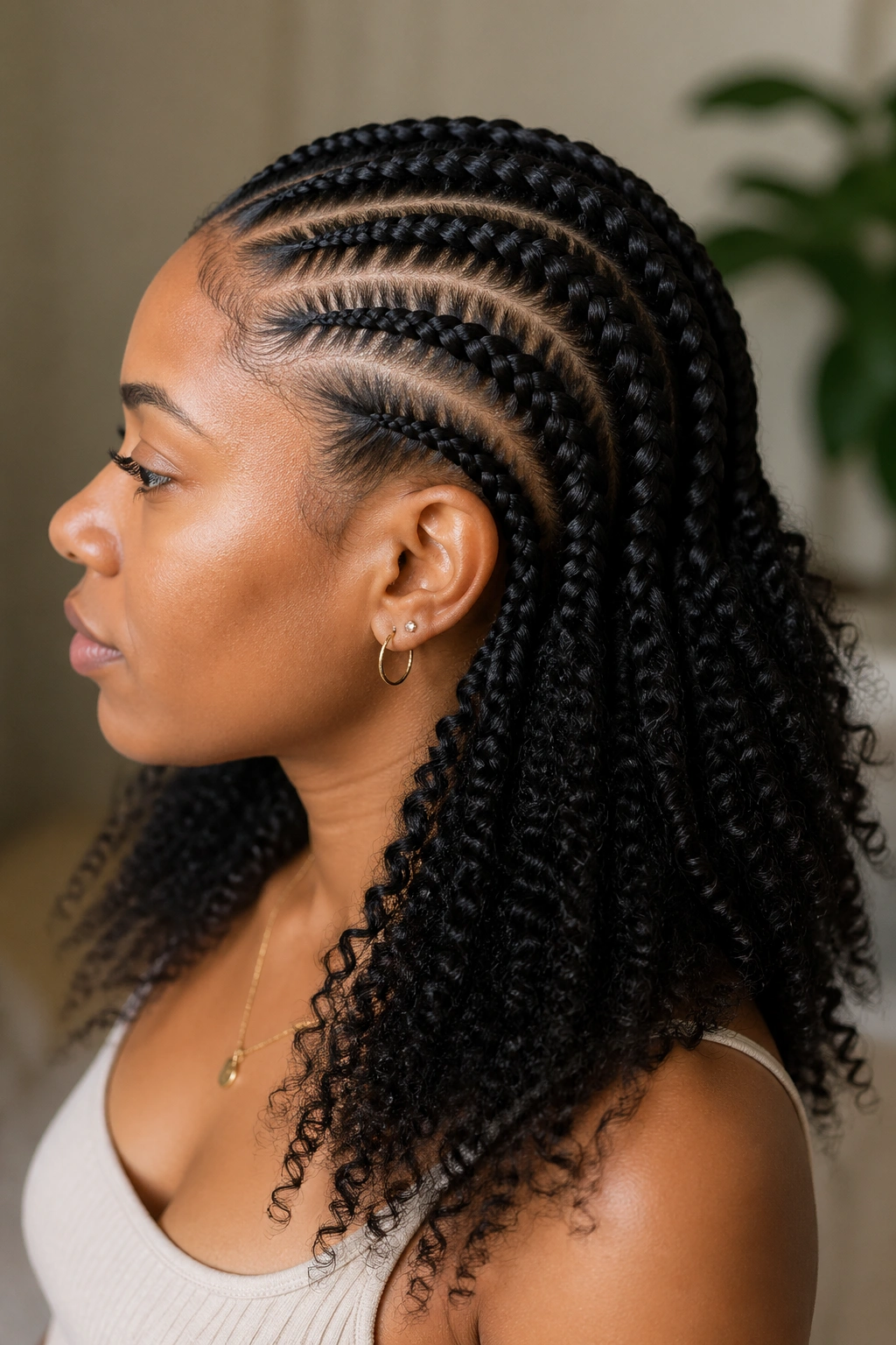 Real person with cornrows fed-in with kinky curly extensions and curled ends