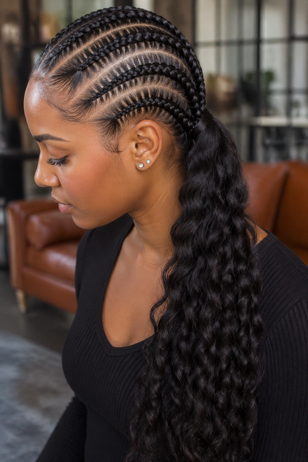 Close-up of six cornrows flowing into a long loose tail on a real person.