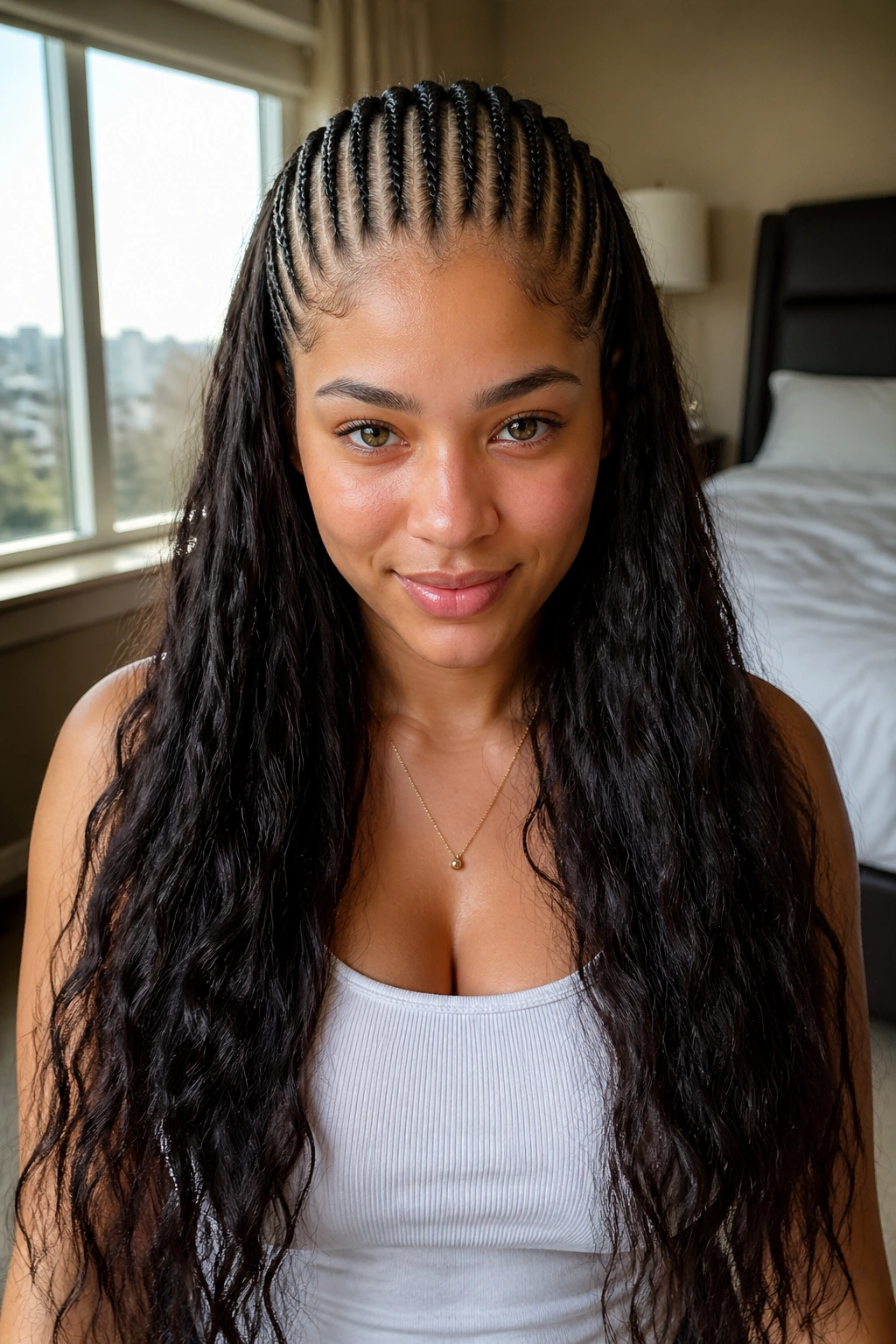 Close-up of cornrows with long loose ends on real person