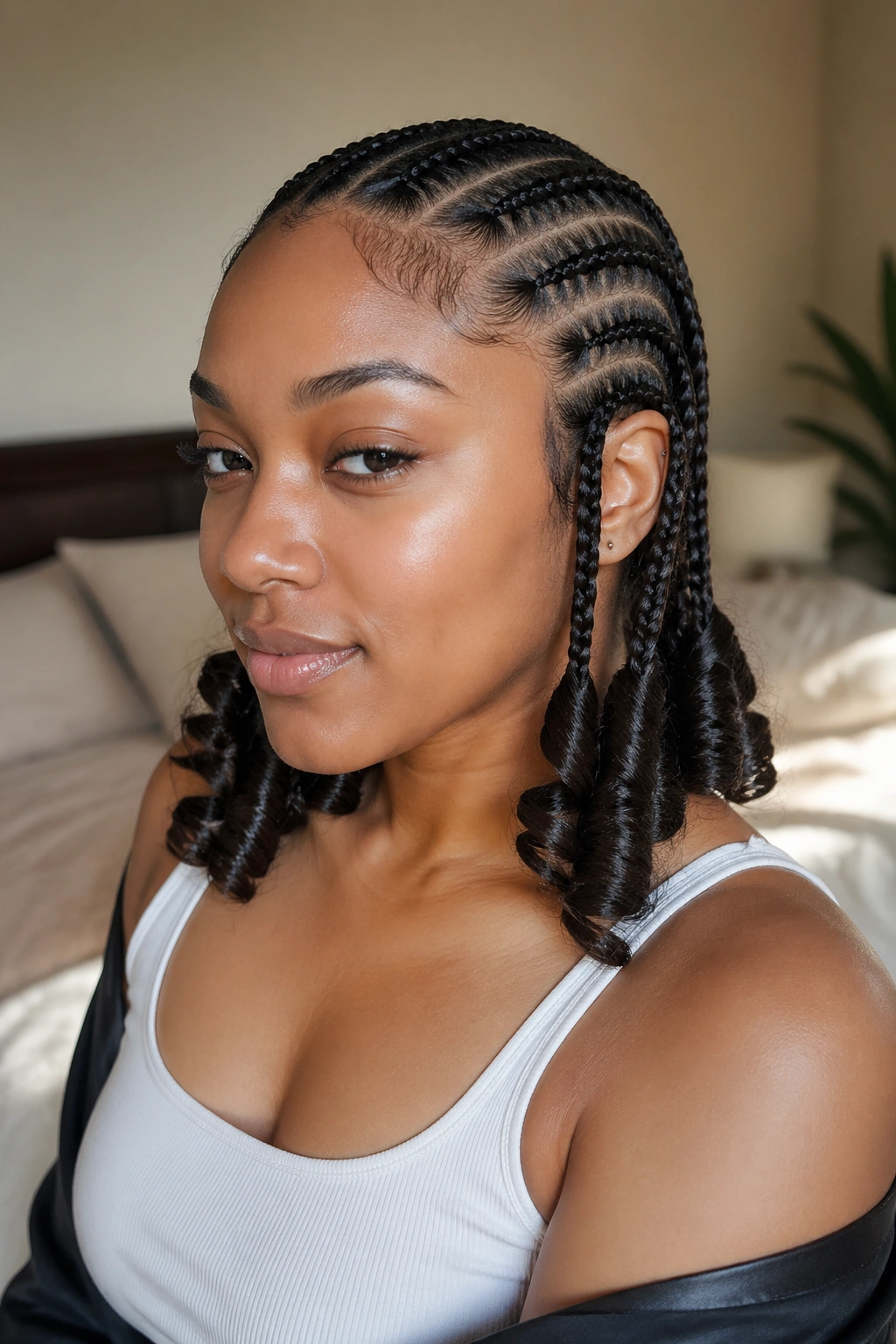Close-up of cornrows with loose ends curled on a real woman