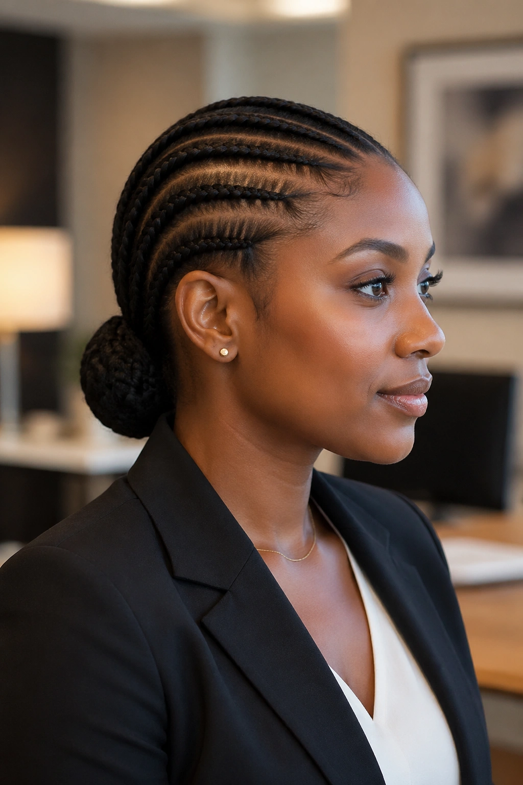 Close-up of straight back cornrows pulled into a low bun on a real woman's head