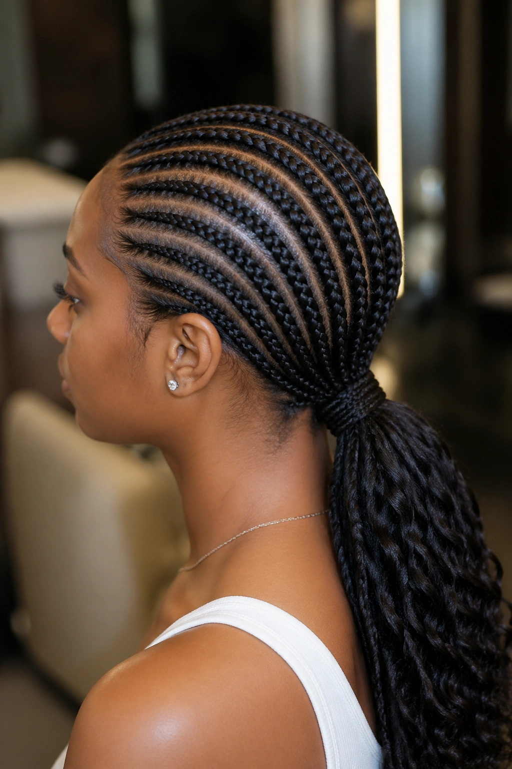 Close-up of real person with twelve cornrows ending in a low ponytail at the nape