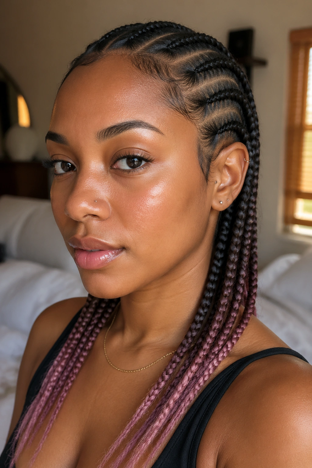 Close-up of cornrows with subtle mauve tips on a real person, warm window-light in a cozy room.