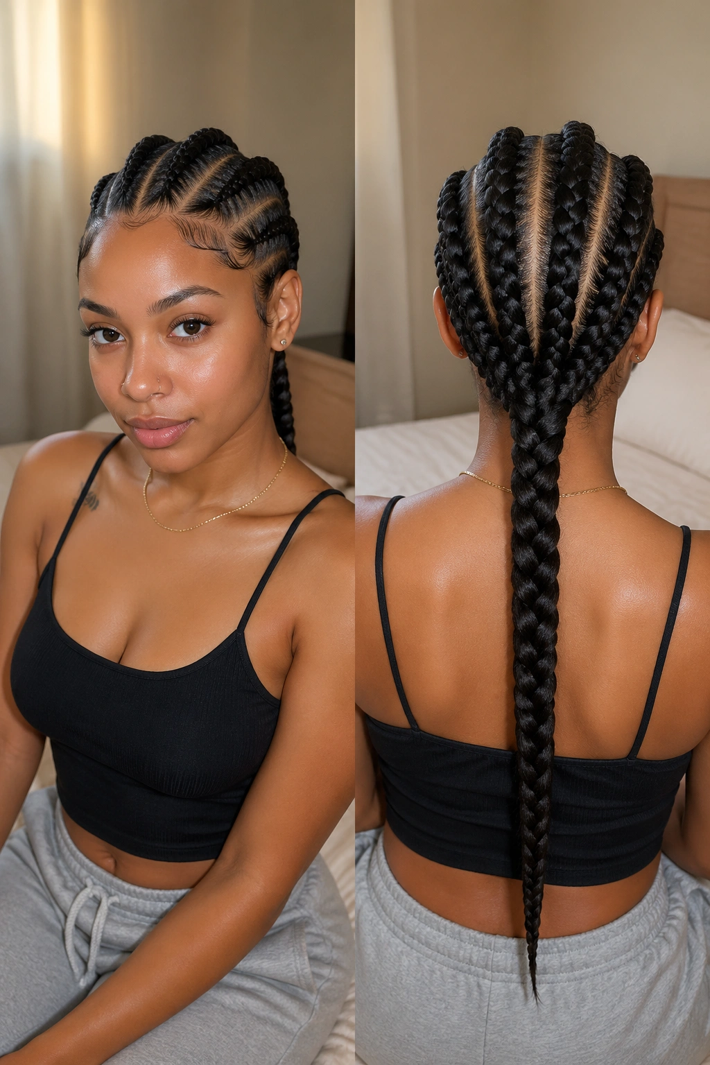 Close-up portrait of a real person with six large cornrows merging into a single mid-back braid under warm window light