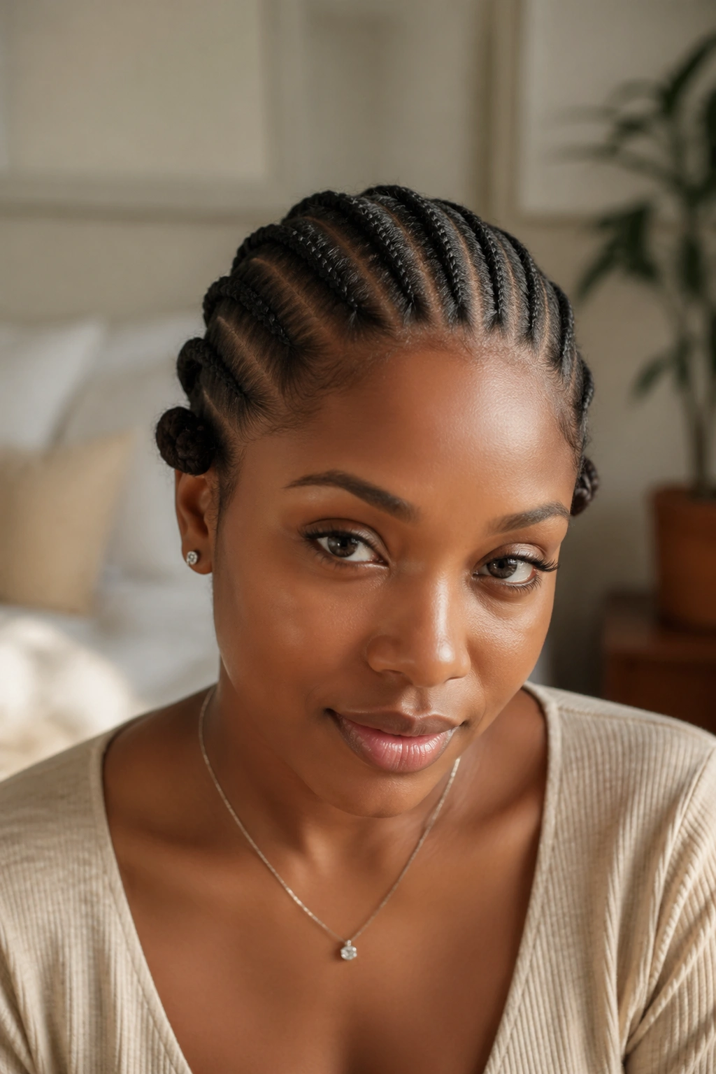 Portrait of a real woman with cornrows featuring a middle twist behind the ears
