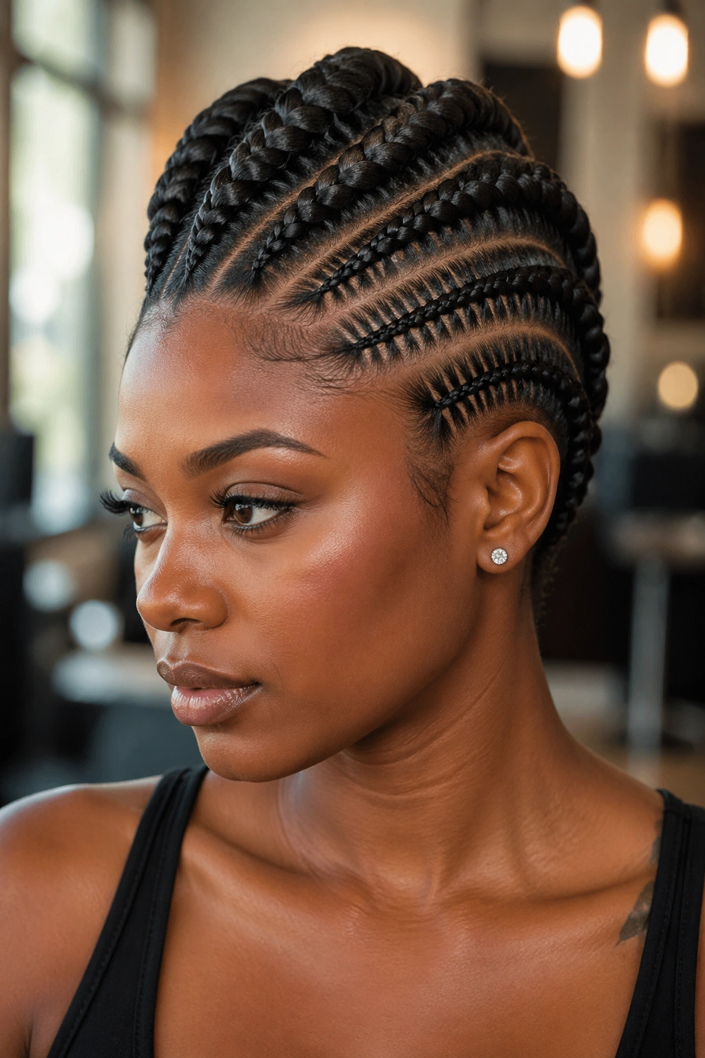 Close-up portrait of a real woman with a central mohawk of feed-in cornrows in a salon