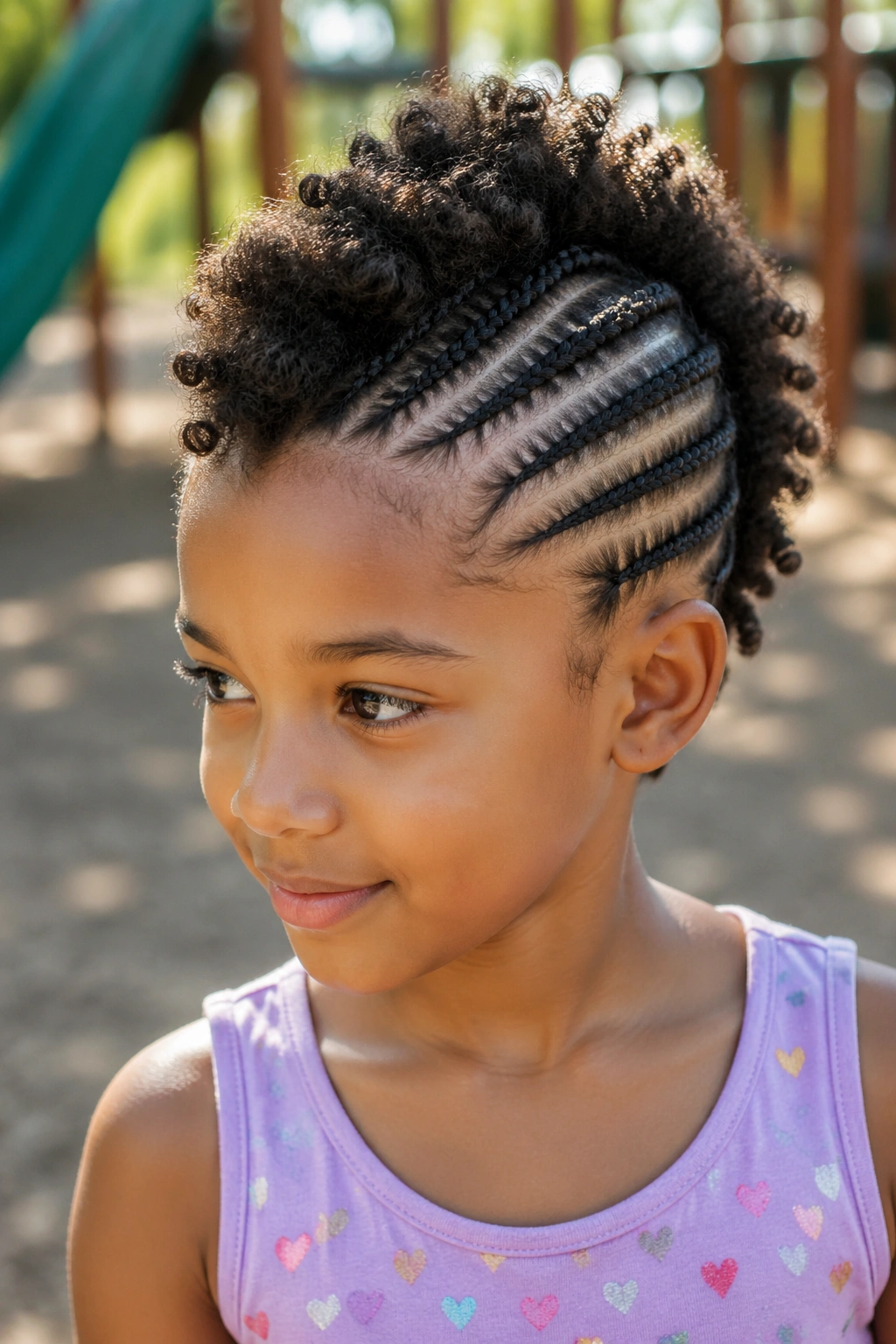 Child with mohawk-style cornrows on the outdoors playground.
