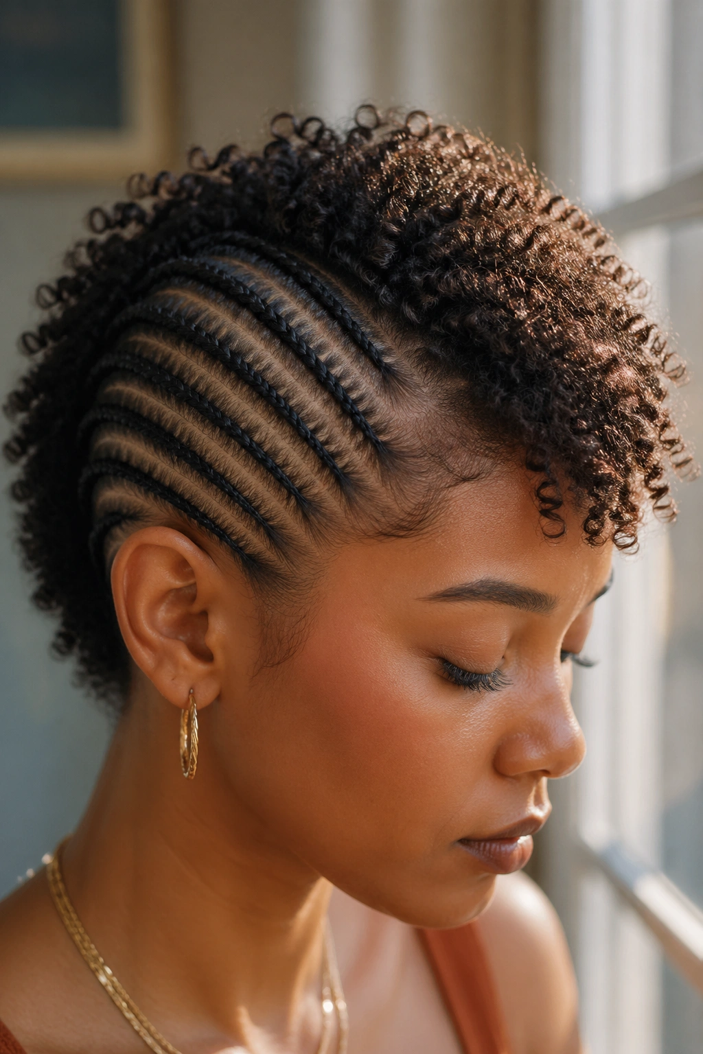 Close-up portrait of a person with a cornrow mohawk and central natural curl stripe